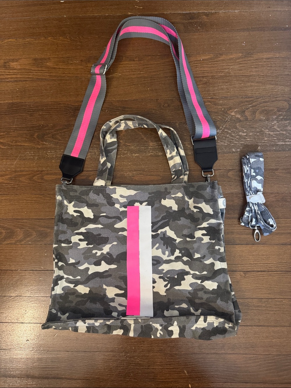 Gray Camo Quilted Koala Canvas Tote with Pink Stripe